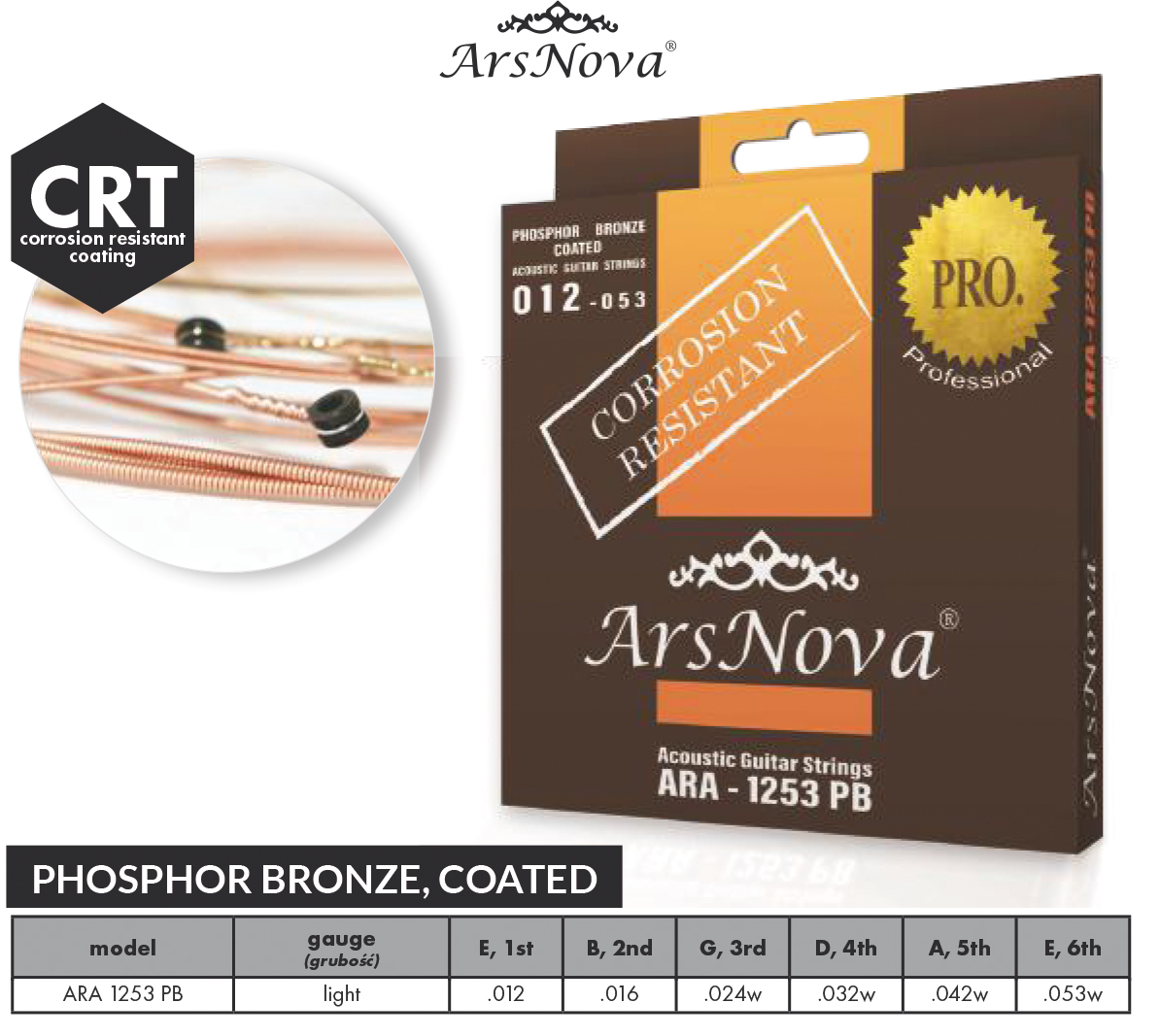 Saitensatz Akustik-Gitarre, ArsNova, Phosphor-Bronze, 0.12-0.53